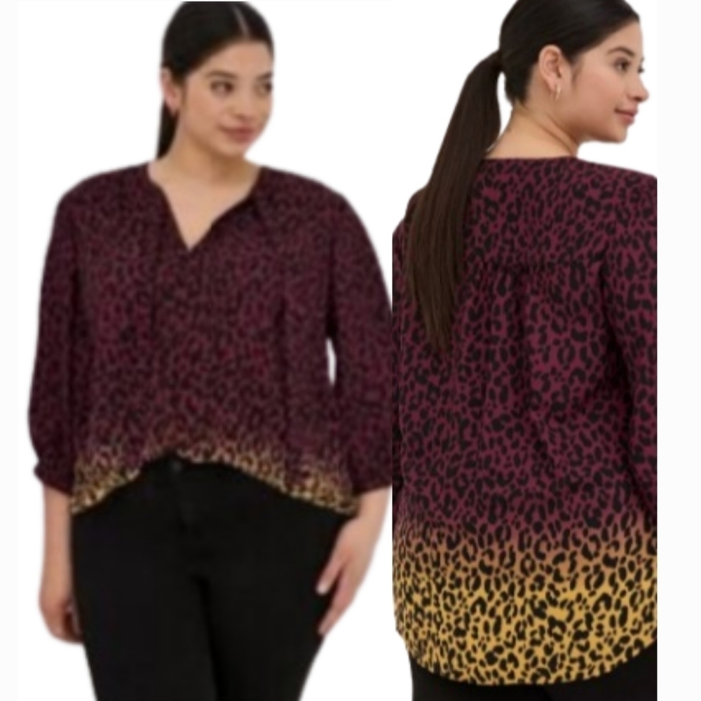 Torrid Burgundy & Yellow Ombre V-Neck With Tie Blouse Size 3 Light & Flowy Boho